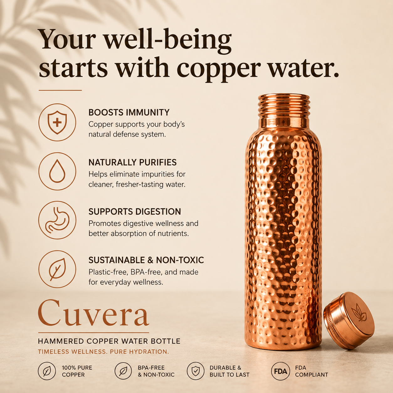 Cuvera — Hammered Copper Water Bottle